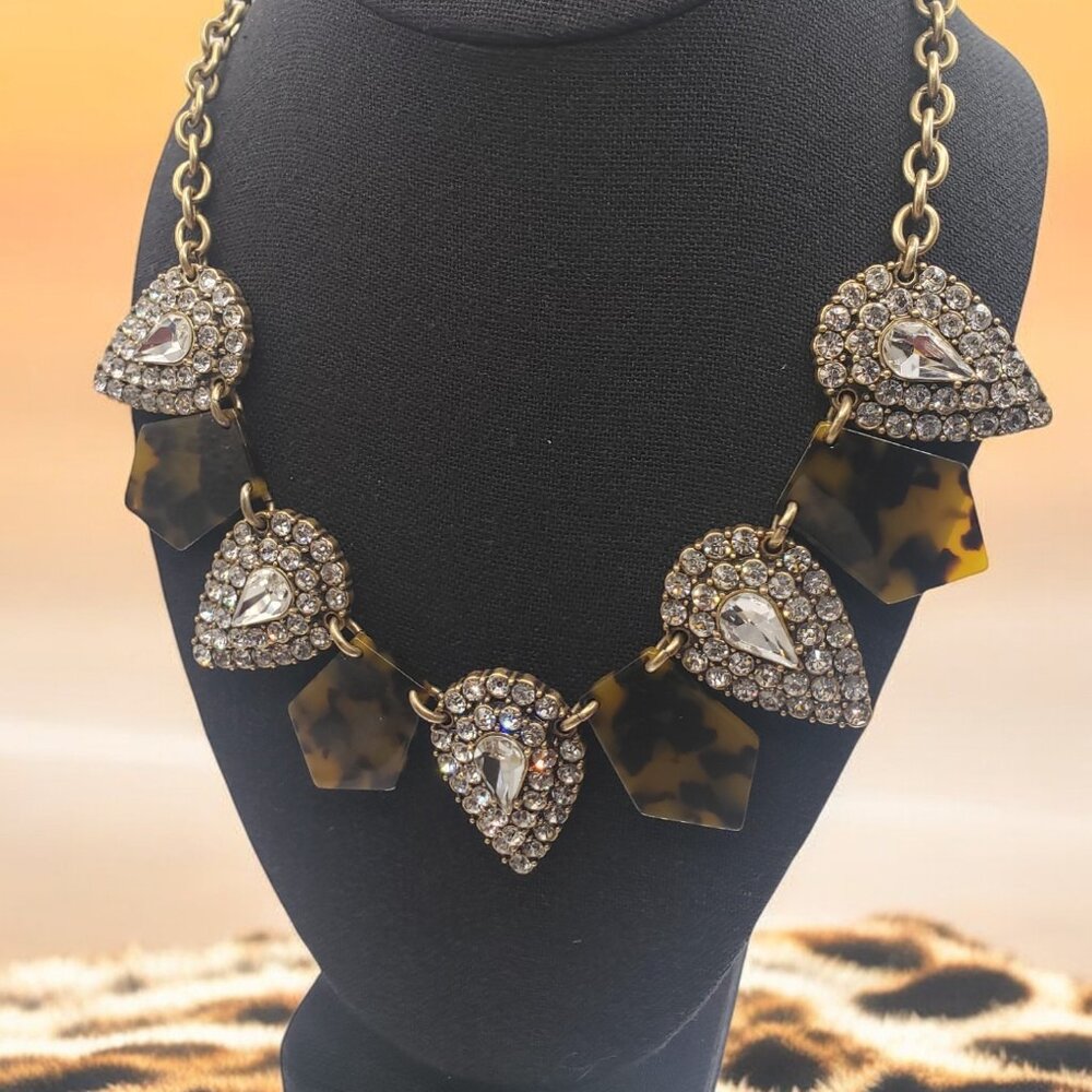 VTG 80's J Crew Faux Tortoiseshell w/ Rhinestone Tear Drop Pendant Necklace